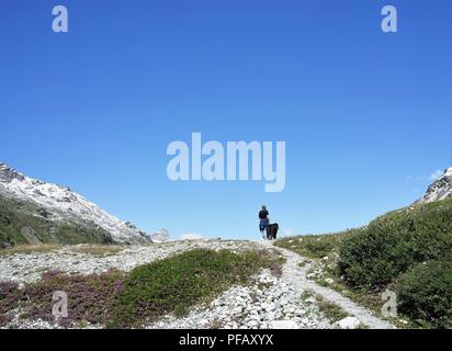 Mann und Berner Sennenhund Aufwachen am Höhenweg der Alpen, Schweiz Stockfoto