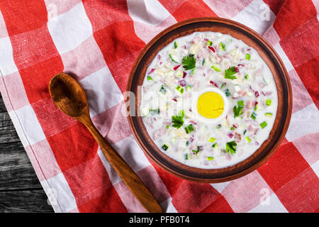 Chciken, grünen und Gemüse kalte No-Cook Suppe mit griechischer Joghurt in Ton Schüssel auf dem Tisch Serviette mit Holzlöffel, Ansicht von oben Stockfoto