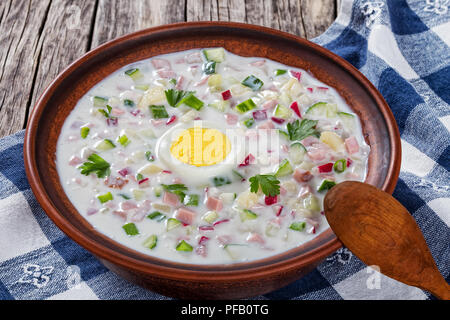 Huhn, grünen und Gemüse kalte No-Cook Suppe mit griechischer Joghurt in Ton Schüssel auf Küchenpapier, Ansicht von oben, close-up Stockfoto