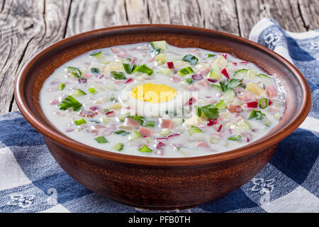 Huhn, grünen und Gemüse kalte No-Cook Suppe mit griechischer Joghurt in Ton Schüssel auf Küchenpapier, Ansicht von oben, close-up Stockfoto