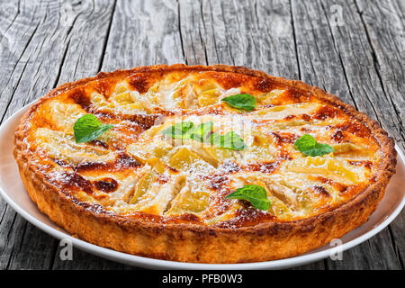 Hausgemachten Apfelkuchen mit Puderzucker bestreut mit Minze auf Teller auf Holz- Hintergrund eingerichtet, close-up Stockfoto