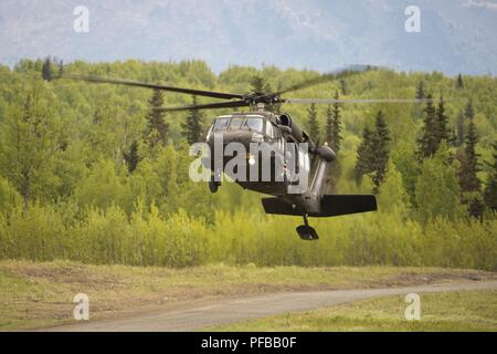 Eine Alaska Army National Guard UH-60 Black Hawk Hubschrauber Ansätze Malemute Drop Zone in die Luft springen Ausbildung bei Joint Base Elmendorf-Richardson, Alaska, 30. Mai 2018. Flieger aus dem 3 Air Support Operations Squadron, Soldaten der US-Armee Alaska zugeordnet, und Alaska Army National Guard Flieger mit der 1 Bataillon, 207 Aviation Regiment, leitete die gemeinsame Luft springen Ausbildung Interoperabilität zu erhöhen und zu erhalten Mission bereit. Stockfoto