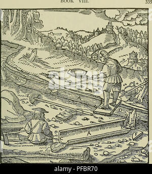 . De re Metallica. Metallurgie; Mineral industries. Buch VIII. A-Trog. B - seine offenen Ende c-th.^t kann geschlossen werden. D-Stream. E-Hoe. F-Ende-Board. G-Tasche. mit einer kleinen Menge schweren Sand, in den Trog entschieden haben, sie waschen, in eine Schüssel geben und in Säcken sammeln und führen mit Ihnen. Einige Leute waschen diese Art von Sand in eine große Schüssel, die leicht erschüttert werden kann, die Schüssel mit zwei Seilen von einem Strahl in einem Gebäude ausgesetzt. Der sand in sie geworfen wird, ist Wasser eingefüllt, dann die Schüssel geschüttelt wird, und den schlammigen Wasser ausgegossen und klares Wasser wird wieder im gegossen, diese wieder getan wird und agai Stockfoto