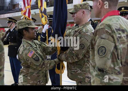 Die Maryland Army National Guard bewirtete das Ändern des Befehls und der Wechsel der Verantwortung Zeremonie an der historischen fünften Regiment Armory in Baltimore, Maryland am 2. Juni 2018. Oberst Janeen L. Birckhead Kommando der Maryland Army National Guard von Brig. Gen. Timothy E. Gowen. Command Sgt. Maj. James M. Nugent übernahm die Verantwortung als Führungskraft der Maryland Army National Guard von Command Sgt. Maj. Kimberly A. Mendez. Generalmajor Linda L. Singh, 29 Adjutant General von der Maryland National Guard, den Vorsitz über die Zeremonie. Anwesend waren Einheiten aus der Gemeinsamen Stockfoto