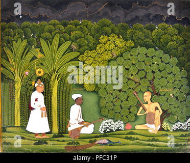 Swami Haridasa mit Tansen und Akbar in Vrindavana Stockfoto