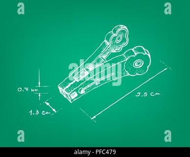 Abbildung: Handgezeichnete Skizze Dimension der Wäscheklammer oder Wäscheklammer. Ein Link zu hängen Sie Kleider zum Trocknen auf eine Position verwendet. Stock Vektor