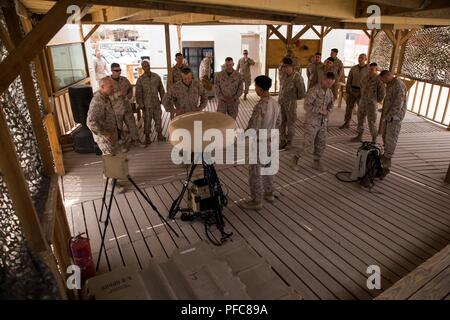 Unbekannten ORT, NAHER OSTEN - US Marine Corps Brig. Gen. Robert B. Sofge, dem stellvertretenden kommandierenden General der Combined Joint Forces Landung Befehl Komponente - inhärenten Lösen, besuche Marines mit Marine Wing Support Squadron (MWSS) 371 Juni 7, 2018. Sofge erhielt eine Demonstration auf die Beschäftigung des EIN/TRN-47 tragbare Tactical Air Navigation und wie es unterstützt die Special Purpose Marine Air-Ground Task Force, Krise Response-Central Command Mission. Stockfoto