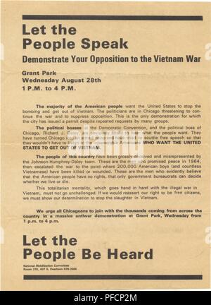 Ein Flyer Demonstranten einladen um das berüchtigte Demonstration bei der Democratic National Convention 1968 in Chicago, Illinois, die zu Gewalt zwischen Demonstranten und der Polizei, 1968 geführt. () Stockfoto