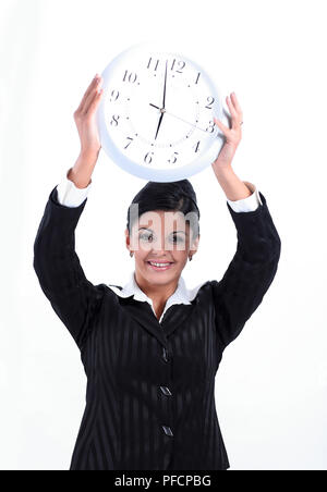 Geschäftskonzept. Business woman holding eine große Uhr. Stockfoto