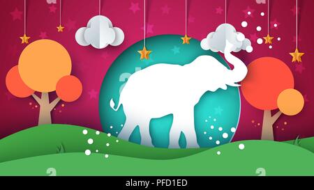 Cartoon Papier Landschaft. Elefant Abbildung. Stock Vektor