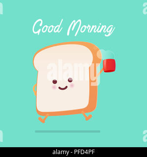 Guten Morgen Gruß auf geröstetem Brot cartoon vor grünem Hintergrund. Vektor flachbild Cartoon Illustration Stockfoto
