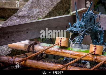 Tsukubai (Wasserbecken) mit Bambus hishaku (Pfanne) in Kasuga Taisha, Nara, Kansai, Japan Stockfoto