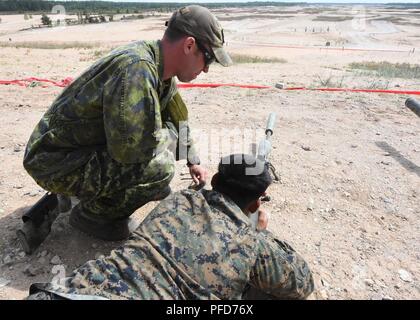 Ein kanadischer Soldat aus dem 2.BATAILLON, Royal Canadian Army Regiments Züge Lance Cpl. Alvaro Gonzales von Unternehmen Bravo, 4 Panzer Bataillon, Yakima, Wa., auf der McMillan Tac-50-long range Sniper Rifle, für Präzision Fire Training während der Übung Sabre Strike18 am Adazi Base, Lettland Juni 8, 2018. Diese Übung ist der achte Iteration des langjährigen US-Army Europe - LED-kooperative Ausbildung Übung entwickelt, die Interoperabilität zwischen Alliierten und regionalen Partnern zu verbessern Stockfoto