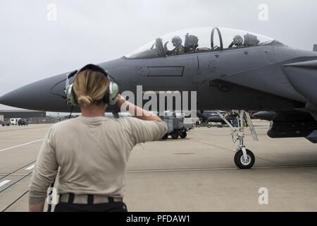 Kol. Donn Yates, 48th Operations Group Commander, liefert ein Gruß aus einem 48Th Aircraft Maintenance Squadron Flieger vor seinem letzten Flug mit Royal Air Force Lakenheath, England, Juni 1. Yates ist voraussichtlich das Kommando über die 4Th Fighter Wing bei Seymour Johnson Air Force Base, North Carolina zu dieser Sommer. Stockfoto