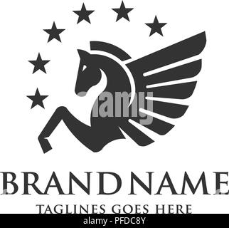 Geflügelten Pegasus mit Sternen logo Vector Illustration. Stilisierte Pegasus Fabelwesen Silhouette, Pferd winged logo Vektor, Stock Vektor