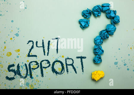 Handschrift Text 24 7 unterstützen. Begriff Sinne die Unterstützung Service den ganzen Tag und Nacht keine Ausfallzeiten zerknittertes Papier umformen Fragezeichen Seve Stockfoto