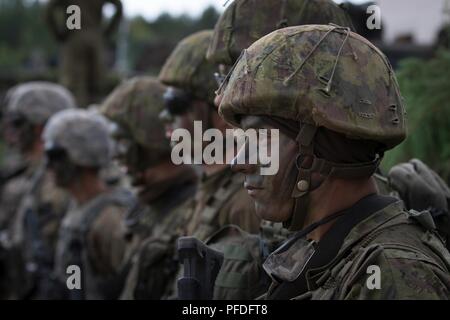 Die litauischen Soldaten gehören zu den NATO-Enhanced vorwärts Präsenz Battle Group stand, die sich in der Ausbildung mit den Soldaten des 1.BATAILLON, 109 Infanterie Regiment, Pennsylvania Army National Guard, während in einer statischen Anzeige während Sabre Strike18 am Pabrade Training Area, Litauen, 11. Juni 2018 teilnehmen. Die statische Darstellung wurde nach Sehr geehrte Besucher beobachteten Elemente der NATO-Enhanced vorwärts Präsenz battle groups ein Angriff Übung durchführen. Sabre Streik 18 ist eine multinationale Übung geplant von Juni 3-15 Tests ausführen, die NATO die verbesserte Präsenz weiterleiten (eFP) Schlacht Stockfoto