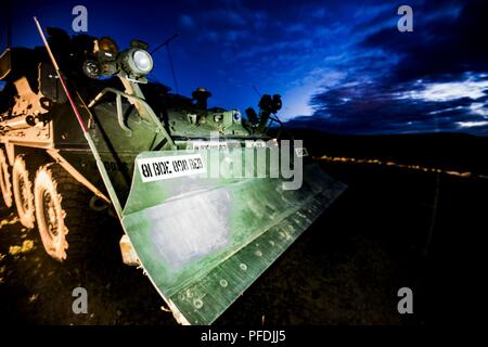 Einen M1132Ingenieur Gruppe gehörendes Alpha Company, 898th Brigade Engineer Battalion, 81th Stryker Brigade Combat Team, sitzt unter dem Nachthimmel auf einem Abrisse in Yakima Training Center, Yakima, Washington, 12. Juli 2018. Die M1132 ist die Bekämpfung engineering Variante des Stryker armored Fighting Vehicle. Stockfoto