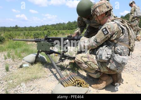 Staff Sgt. Ethan Kruger, ein mit Rädern versehener Fahrzeug Mechaniker, die die Noncommissioned Officer Academy, Camp Parks, Kalifornien, 80. Training Befehl, konkurriert in der M2 machine gun Sortiment bei der US-Army Reserve 2018 besten Krieger Wettbewerb in Fort Bragg, North Carolina, 10. Juni 2018. In diesem Jahr besten Krieger Wettbewerb bestimmen die oberen noncommissioned Officer und Junior Soldat Soldat der US-Armee finden in der Abteilung der Armee am besten Krieger Konkurrenz später dieses Jahr vertreten wird am Fort A.P. Hill, Virginia. Stockfoto