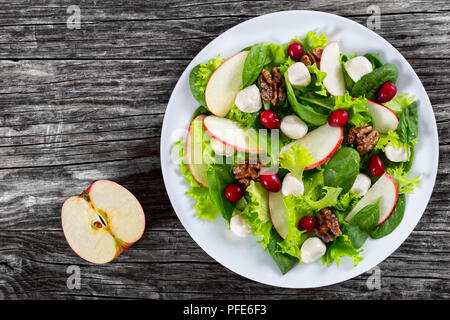 Köstliches herbst Vitamine vegetarische Salat: Apple, Spinat, mini Mozzarella Kugeln, Salat, Walnüsse, Cranberry auf weißem Teller auf alten, dunklen rustikalen Board Stockfoto