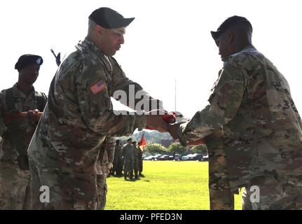 Oberstleutnant Perry O. Stiemke, Bataillonskommandeur, 92nd Engineer Bataillon, 20 Engineer Brigade und Command Sgt. Maj. Dwayne D. Hite, Battalion command Sergeant Major, 92nd Engineer Bataillon, 20 Engineer Brigade bei Farben der Einheit während einer Bereitstellung Gehäuse Zeremonie am Cottrell Feld in Fort Stewart, Georgia, 1. Juni 2018. Über 500 Soldaten aus der "Black Diamond" Bataillon im gesamten zentralen Befehl Einsatzgebiet verteilt werden, und Unterstützung der Techniker Konstruktion, Abstand zu durchzuführen, Combat engineer Mobilität, Mobilität und Überlebensfähigkeit Missionen. Stockfoto