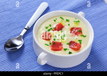 Geräucherter Lachs und Frischkäse Suppe mit Petersilie bestreut in weiße Suppe Schale auf dem Tisch Matte mit Löffel, Ansicht von oben, close-up Stockfoto