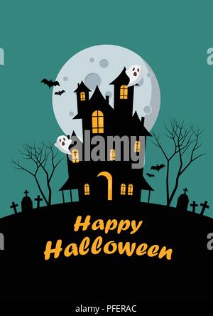 Halloween Familie und Haus Grußkarte heimgesucht. Vector Illustration Stock Vektor