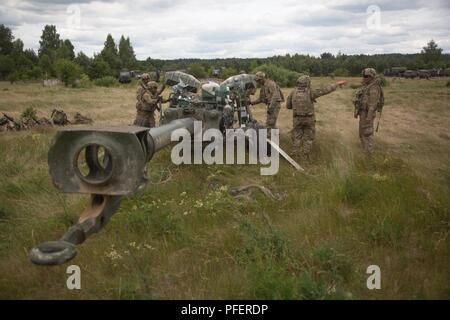 Us-Armee Soldaten zu Bulldog Batterie, Field Artillery Squadron, 2d-Cavalry Regiment zugeordnet, Vorbereiten zum Abschleppen die M777A2 155mm Artillerie Waffen System nach einem Air Drop an eine litauische Truppenübungsplatz in der Nähe der Stadt Rukla, Litauen, 13. Juni 2018, während der Übung U.S. Army Europe Sabre Streik 18. Stockfoto