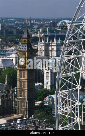 Grossbritannien, England, London, Rooftop View einschließlich des London Eye, Big Ben und Westminster Abbey. Stockfoto