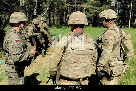 Lt. Golaszewski aus dem Polnischen 15 mechanisierte Brigade beauftragt der US-Army Soldaten SPC. Blake Myrick und SPC. Julian Guia von commanche Truppe, 1 Staffel, 2. Kavallerie Regiments, Battle Group Polen auf Waffe Handhabung während der Sabre Streik 18 Wyreby, Polen am 6. Juni 2018. Sabre Streik 18 ist der achte Iteration des langjährigen US-Army Europe - LED-kooperative Ausbildung übung, die Interoperabilität zwischen den Verbündeten und Partnern in der Region zu verbessern. (Michigan Army National Guard Stockfoto