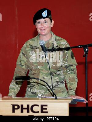 Oberstleutnant Brianna M. Perata, Commander, öffentliche Gesundheit Aktivität - Rheinland Pfalz, liefert Erläuterungen bei einem Befehl Zeremonie, Juni 01, 2018, die in Landstuhl eingesetzt / Deutschland Stockfoto