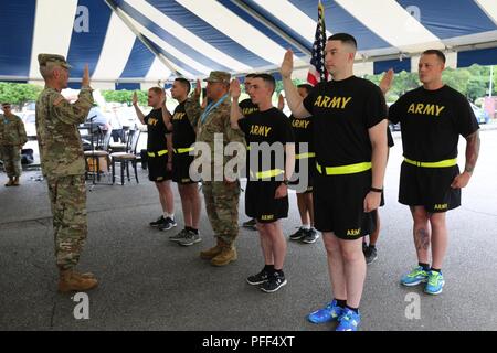 Zehn Soldaten nehmen Eid der Armee der Eintragung mit Generalmajor James F. Pasquarette, Kommandierender General des USARJ, während einer Messe reenlistment Zeremonie Juni 13, 2018 außerhalb von CZCC für die Armee Geburtstag Woche feiern. Stockfoto