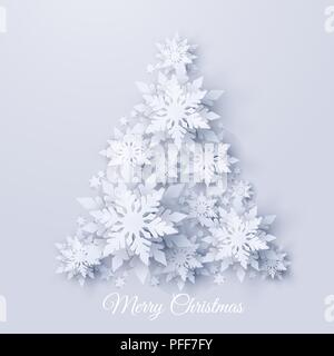 Vektor Weihnachten und Neujahr Urlaub Hintergrund mit Weihnachtsbaum aus realistisch aussehende Papier Schneeflocken. Saisonale frohe Weihnachten und Hap Stock Vektor