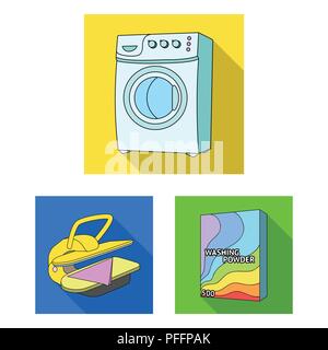 Chemische Reinigung Ausrüstung flachbild Symbole im Set Sammlung für Design. Waschen und Bügeln vektor Symbol lieferbar Abbildung. Stock Vektor