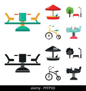 Karussell, Sandkasten, Park, Dreirad. Spielplatz set Sammlung Icons im Cartoon, schwarze Art Vektor Symbol lieferbar Abbildung. Stock Vektor