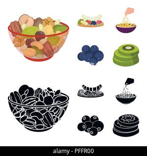 Gemischte Nüsse, Obst und anderen Lebensmitteln. Essen set Sammlung Icons im Cartoon, schwarze Art Vektor Symbol lieferbar Abbildung. Stock Vektor