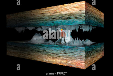 Wiederaufbau einer Höhle, dreidimensionale Cutaway. Höhlenforscher in einer Höhle zwischen Stalaktiten und Stalagmiten Stockfoto