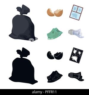 Einen Müllsack, eine zerbrochene Eierschale, einer zerrissenen schmutziges T-Shirt, ein kaputtes Fenster Rahmen mit Glas. Müll und Abfall set Sammlung Icons im Cartoon, schwarz Styl Stock Vektor