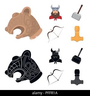 Viking in Helm mit Hörnern, Muskatblüte, Bogen und Pfeil, Schatz. Vikings set Sammlung Icons im Cartoon, schwarze Art Vektor Symbol lieferbar Abbildung. Stock Vektor