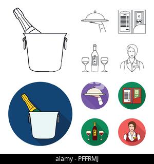 Ein Fach mit einem Tuch, Scheck und Bargeld, eine Flasche Wein und Gläser, eine Kellnerin mit ein Abzeichen. Restaurant Sammlung Icons in Grenzen, flacher Stil vect Stock Vektor