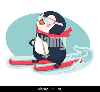 Pinguin reiten auf Skiern im Schnee. Penguin Cartoon Illustration. Aktivität im Winter Stockfoto