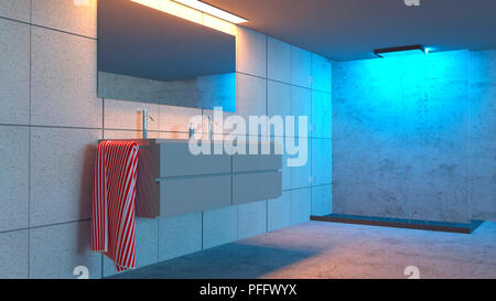 Detail einer Badezimmer, Spiegel, Waschbecken und Dusche. Modernes Bad und entspannen. 3D-Rendering Stockfoto