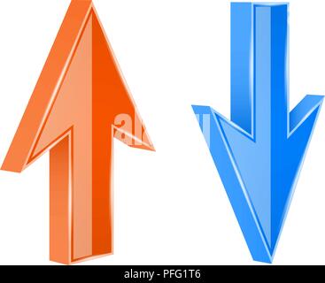 Pfeile NACH OBEN und NACH UNTEN. 3d-orange und blau glänzende Zeichen Stock Vektor