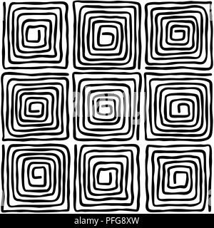 Neun schwarze Quadrat Spiralen. Nahtlose Muster. Lose, unregelmäßige und Hand gezeichneten Spiralen. Fliesen- und Vorlage für ein Motiv oder ein Ornament zu erstellen. Stockfoto
