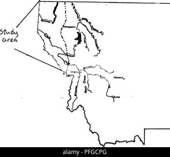 . Sculpin (Cottus) Verteilung in der Kootenai National Forest und westlichen Teile der Lolo National Forest Montana. Sculpins; Fischpopulationen; Fischbestände. Abbildung 1: Übersichtskarte der Studie in der Kootenai National Forest und westlichen Teile der Lolo National Forest. Bitte beachten Sie, dass diese Bilder sind von der gescannten Seite Bilder, die digital für die Lesbarkeit verbessert haben mögen - Färbung und Aussehen dieser Abbildungen können nicht perfekt dem Original ähneln. extrahiert. Gangemi, John Thomas; Montana natürlichen Erbes Programm; Lolo National Forest (Agentur: U S Stockfoto