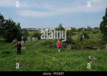 Die Teilnehmer der ROOTKA-Reiseagentur, die sich auf jüdische Kulturreisen in Osteuropa spezialisiert hat, wandern auf dem jüdischen Friedhof, der als ältester Aschkenazi-Friedhof in der Ukraine und einer der ältesten in Mittel- und Osteuropa gilt, unter alten Grabsteinen aus dem Jahr 1520, In der Stadt Busk, die einst die Heimat einer großen jüdischen Gemeinde war und von den Deutschen während des Zweiten Weltkriegs im Bezirk Busk im Bezirk Lwiw (Region) der Westukraine brutal vernichtet wurde. Stockfoto