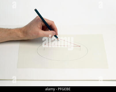 Hand zeichnen Ellipse um ein Stück Schnur und zwei Stiften Stockfoto