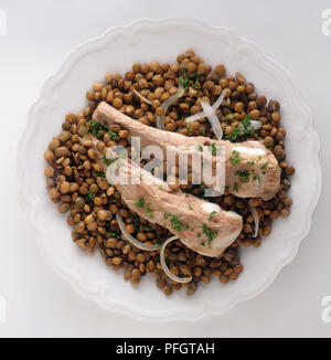 Platte der ausgehärteten Schweinefleisch mit Puy-linsen, ein typisches Gericht aus der Auvergne, Frankreich, Ansicht von oben Stockfoto
