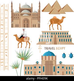 Ägypten Architektur und Symbol Elemente einstellen Vektor. Berühmte Stadt Architektur, Camel, Palme und Ornamente nationalen Stil Stock Vektor