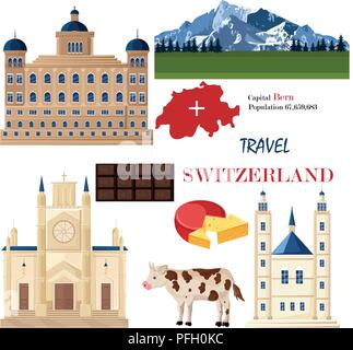 Schweiz Architektur und symbolistic Elemente einstellen Vektor. Berühmte Stadt Architektur, Berge, und Kühe. Nationales Symbol rote Fahne, Schokolade und Stock Vektor